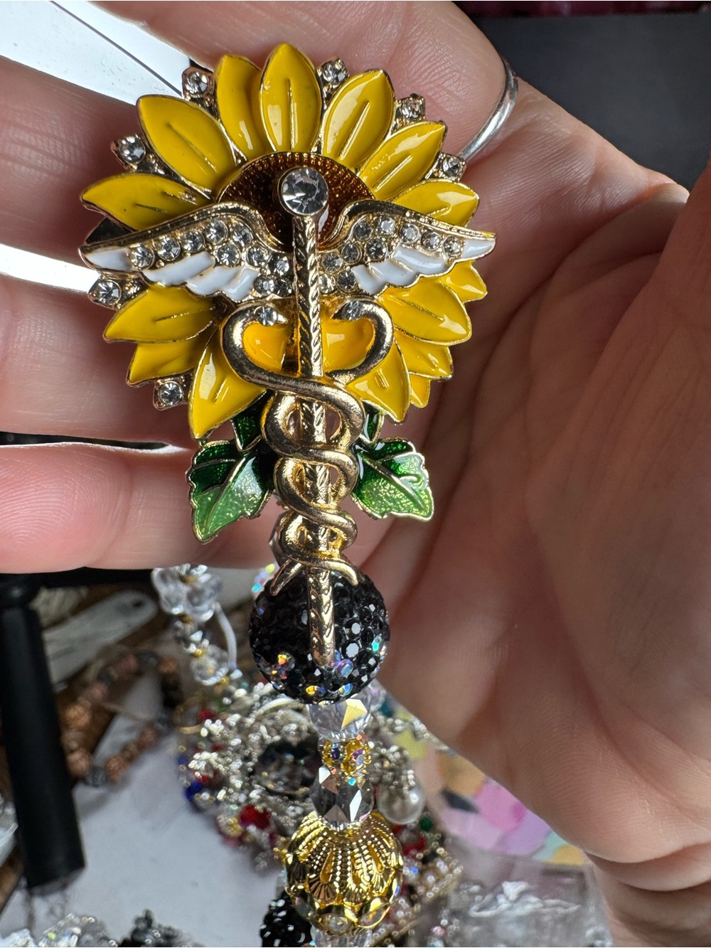 Yellow Sunflower Caduceus Charm Statement Keychain-Purse Chain - Picture 4 of 4